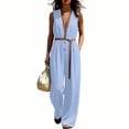 thumbnail image 2 of Guluxicc Women's Contrast Trim Elastic Waist Pleated Wide Leg Jumpsuit Casual Belted Stand Collar Sleeveless Loose Fit Rompers, 2 of 6