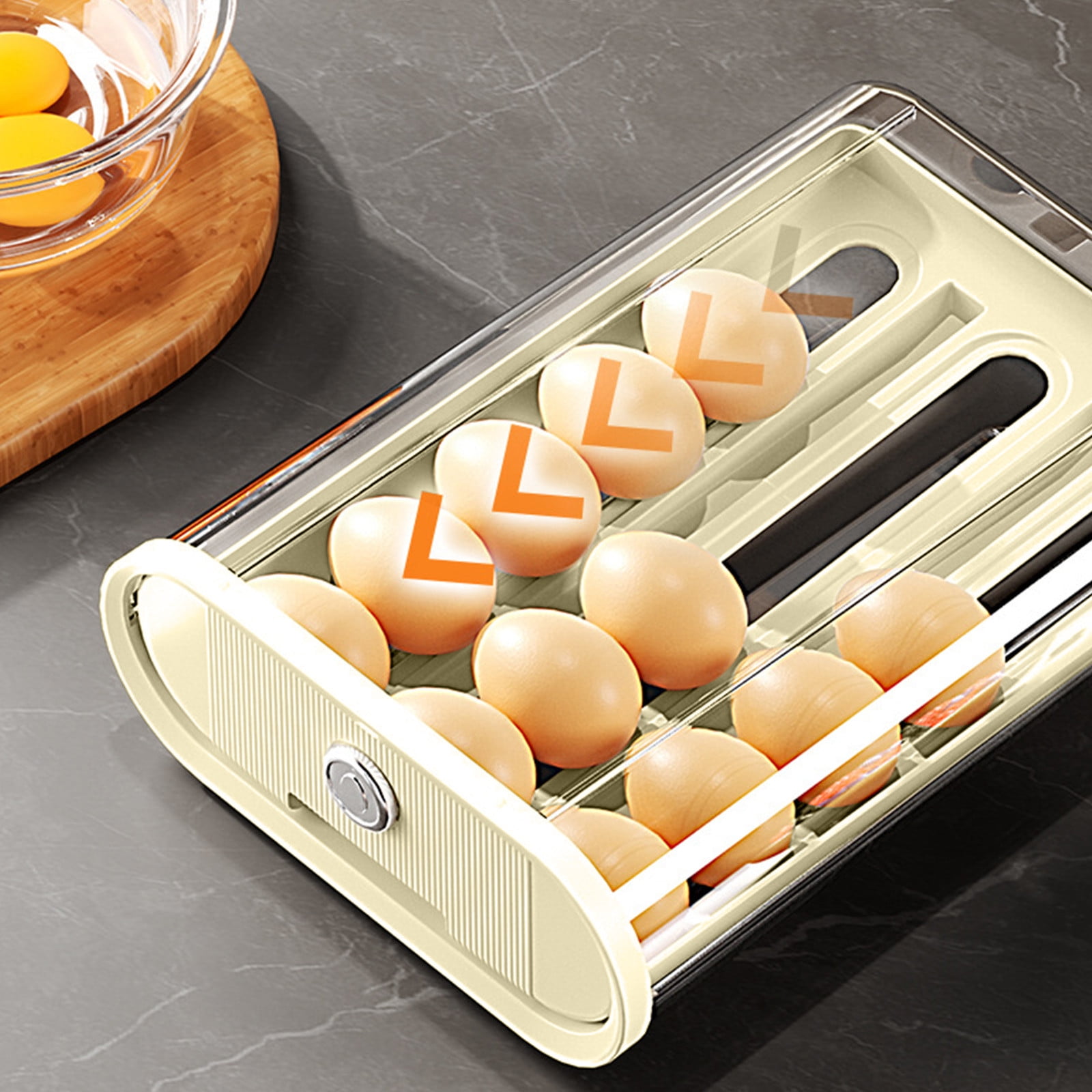 Rolling Egg Storage Container for Refrigerator, Clear Plastic Drawer Rack for Large Capacity Space Saving Kitchen Organization