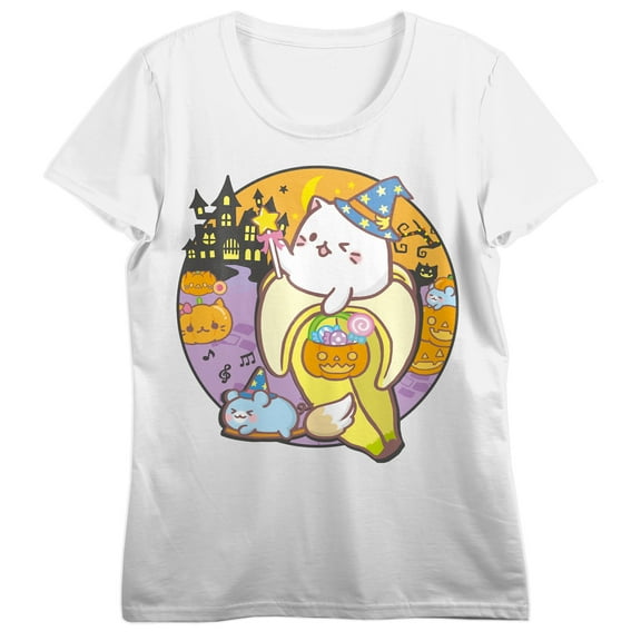 Bananya Haunted House Women's White Crew Neck Short Sleeve T-shirt-Medium
