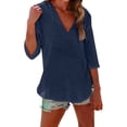 thumbnail image 3 of Women's Cotton Linen Hooded Cover Up, 3/4 Sleeve V-Neck Pocket Shirt, Lightweight Beach Kimono for Bikini Cover, Summer Vacation, and Resort Wear-Navy, 3 of 10