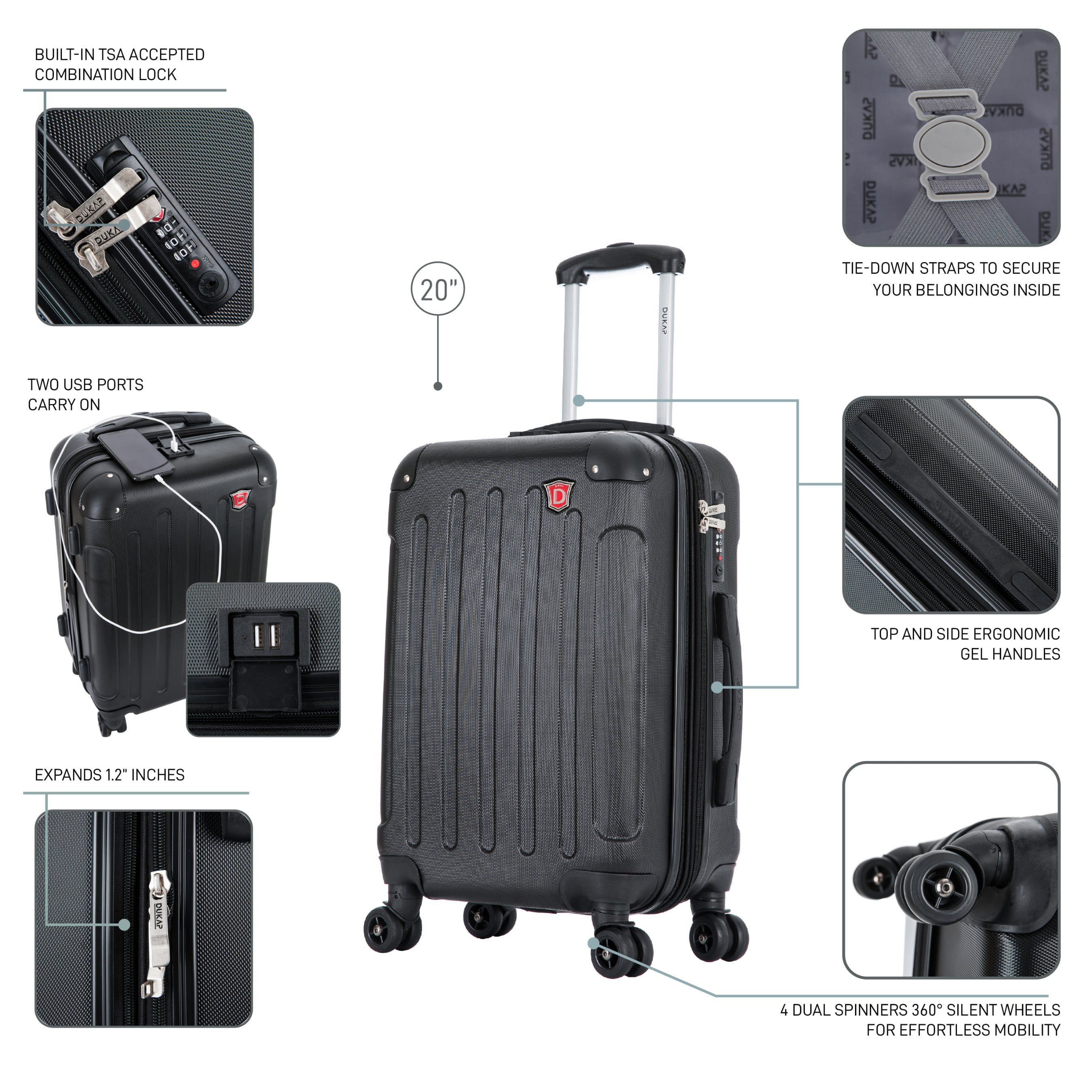 DUKAP Intely 20" Hardside Lightweight Carry-on Luggage with Spinner Wheels and USB Port, Black