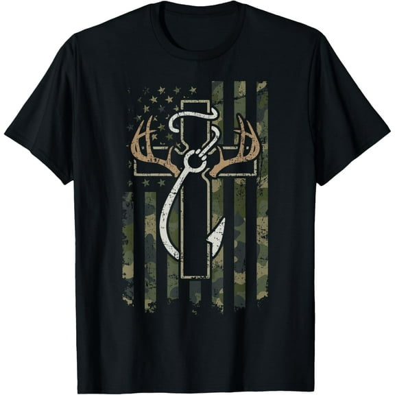 Hunting Fishing Faith - Christian Hunter Fisherman Camo USA T-ShirtMen and women, Black T-shirt, size: Extra large