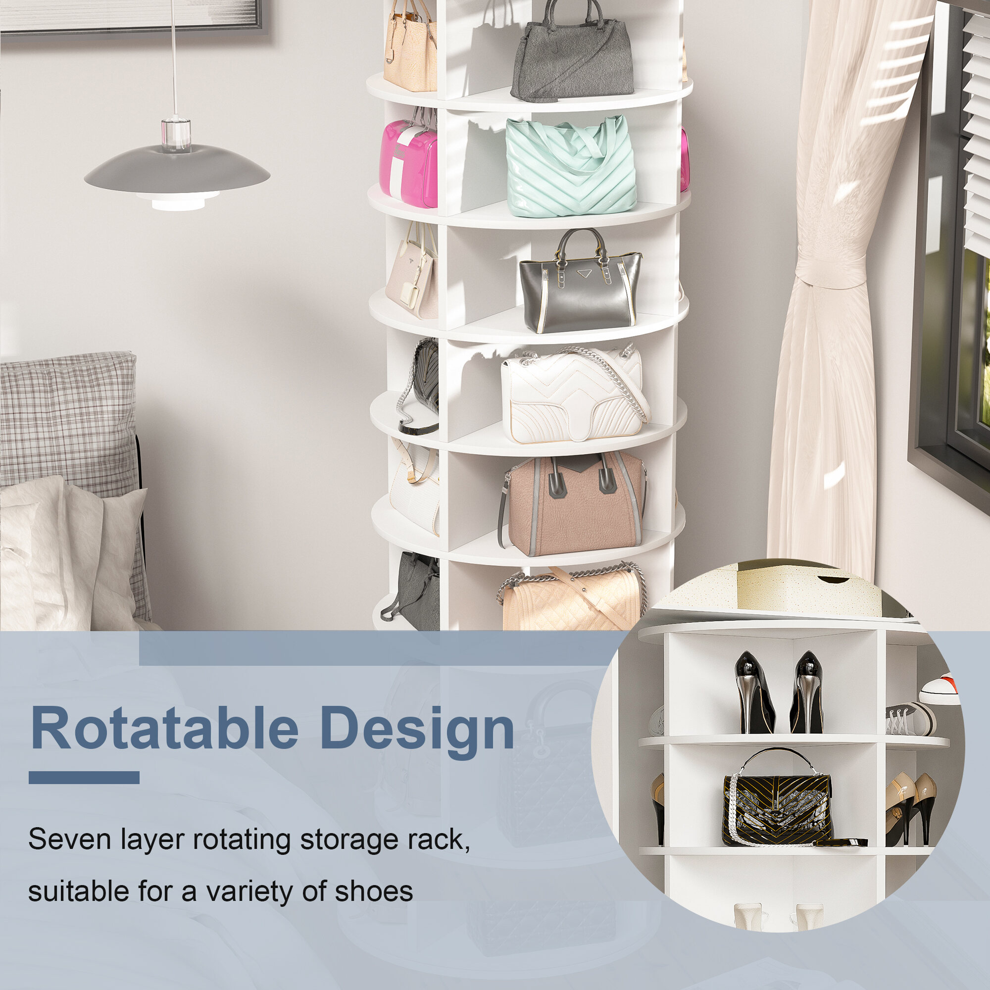 7-Tier Rotating Shoe Rack Tower, 360° Spinning Shoe Organizer Holds 28 Pairs, 23.62" X 23.62" X 72.44" White Free-Standing Shoe Storage Cabinet