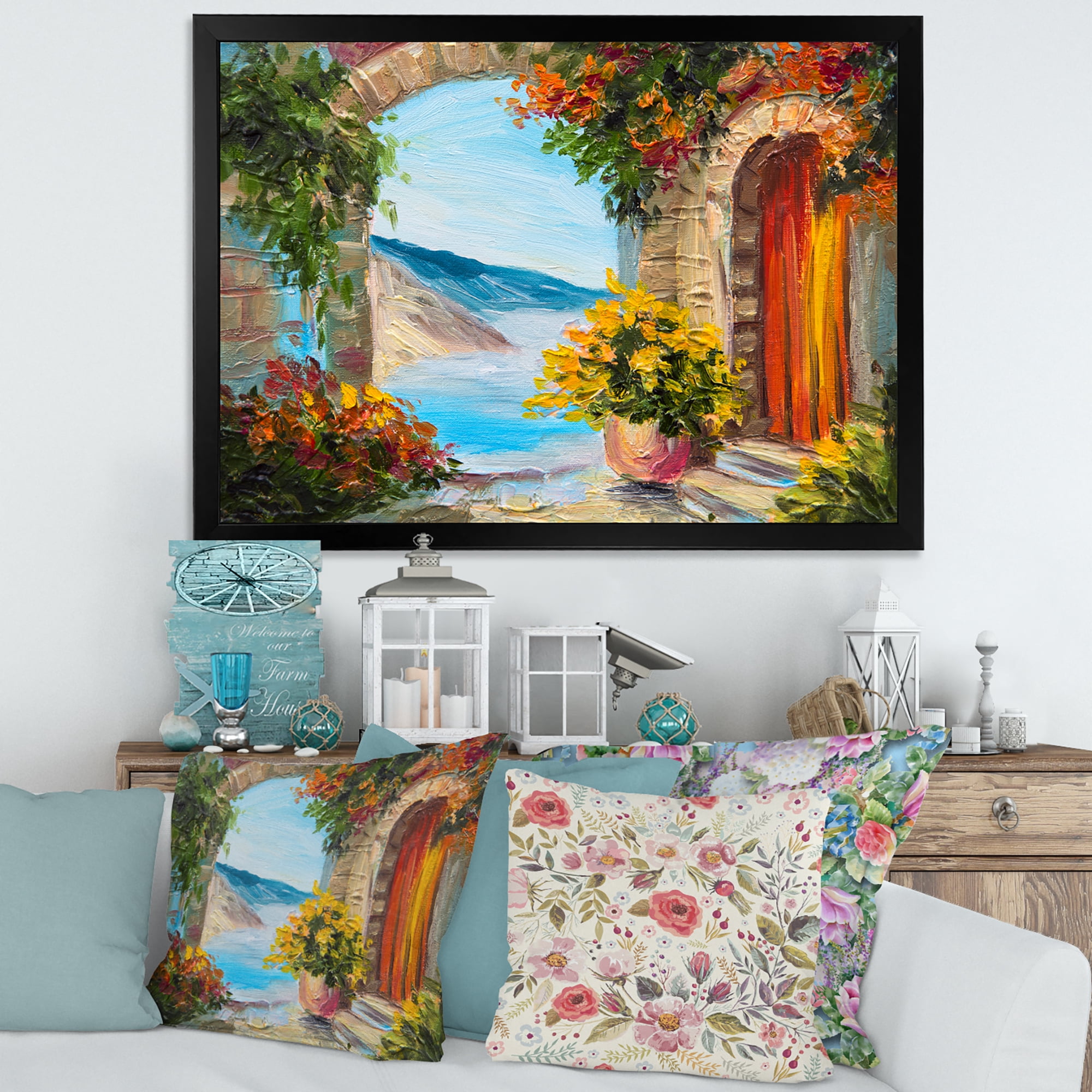 Designart 'House With Colorful Flowers Near The Sea Summer Season' Nautical & Coastal Framed Art Print