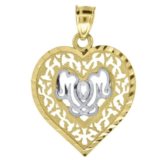 10kt Real Gold Two-Tone Diamond-Cut Womens Mom Heart Charm Pendant