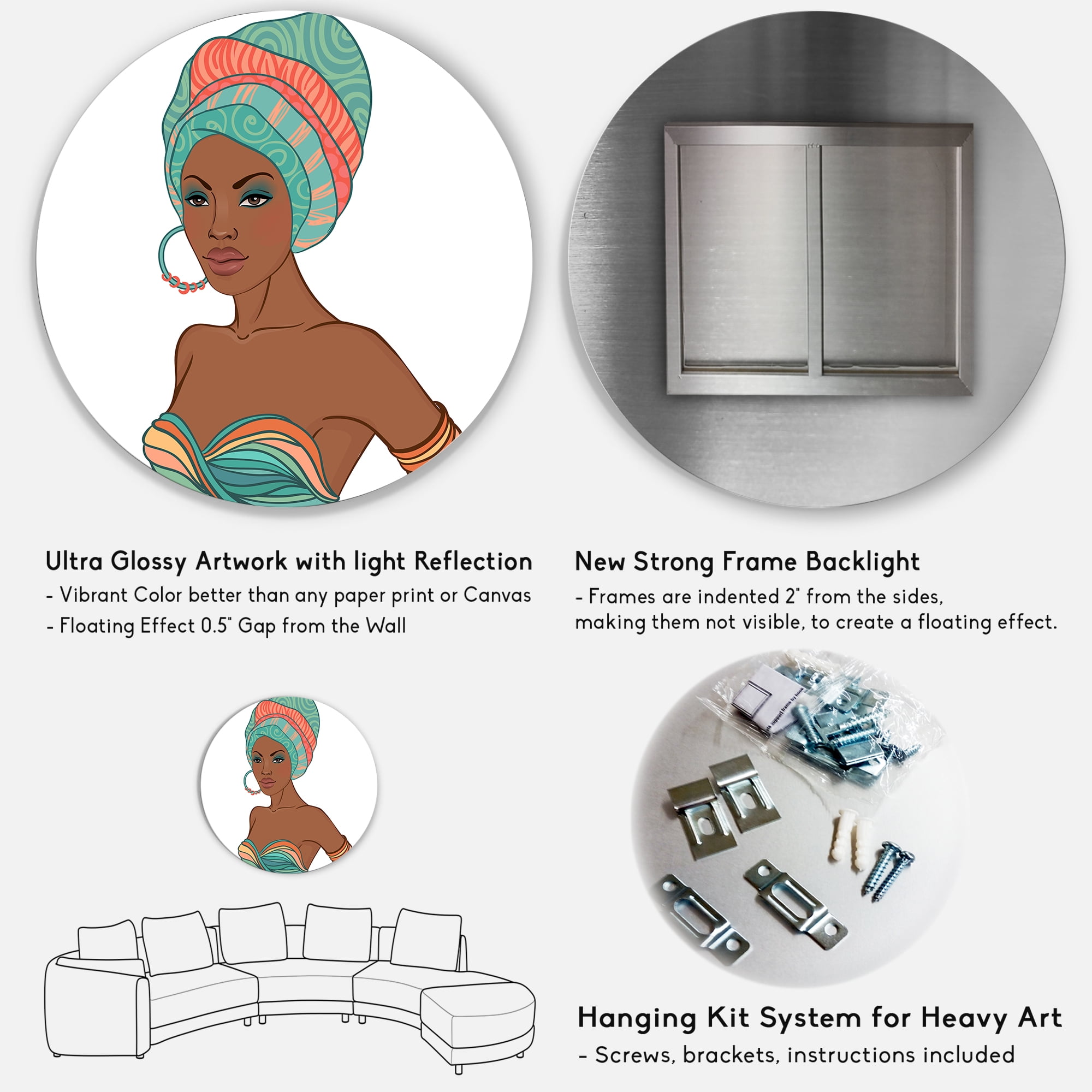 Designart 'African American Woman With Turban and Earring' Modern Circle Metal Wall Art 23x23 - Disc of 23
