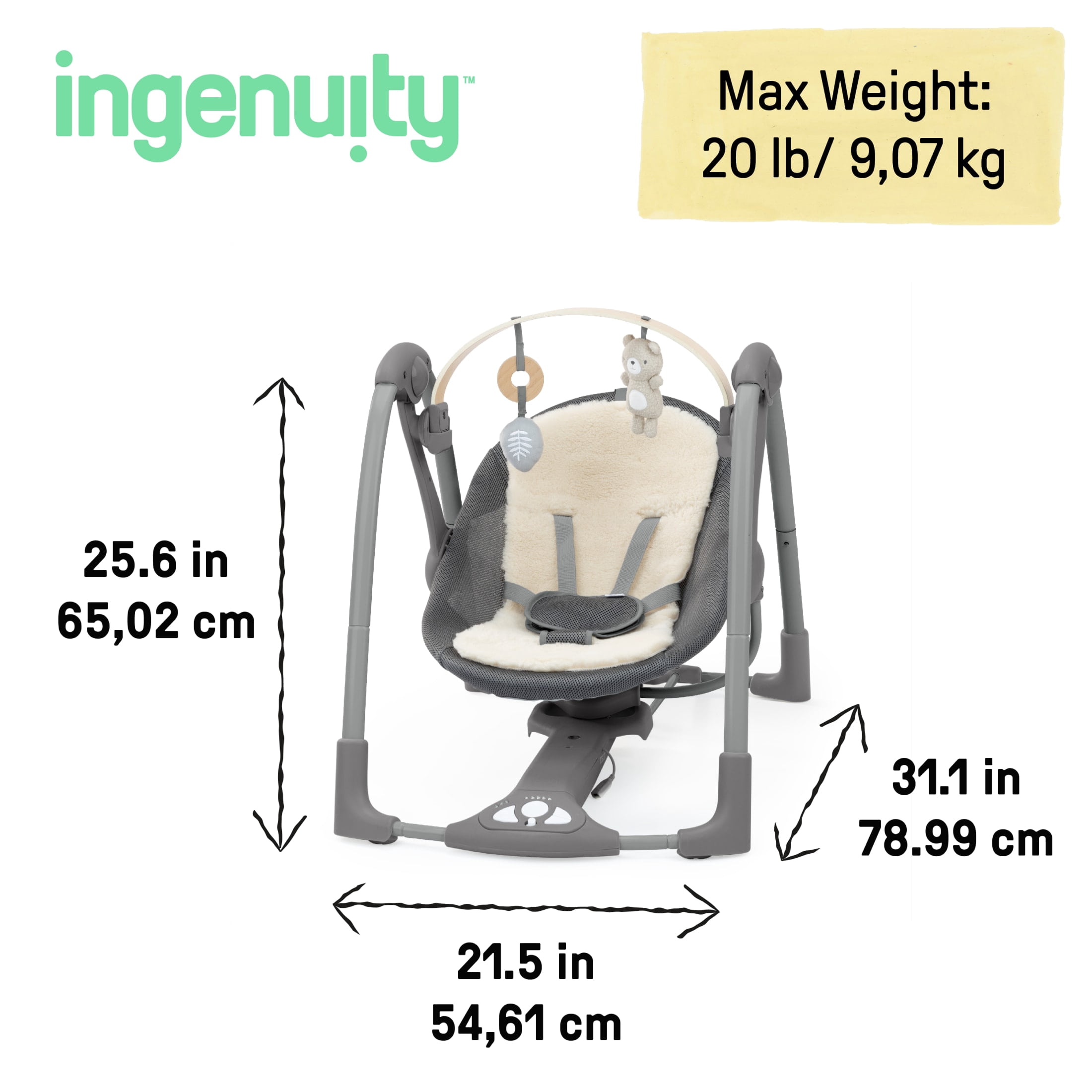 Ingenuity Every Season Swing and Go Portable Swing, Grey, Infants Ages 0-9 Months, Wesley