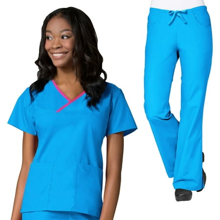 Maevn CORE Women's Y-Neck Mock Wrap Scrub Top & CORE Flare Leg Scrub Pant Set