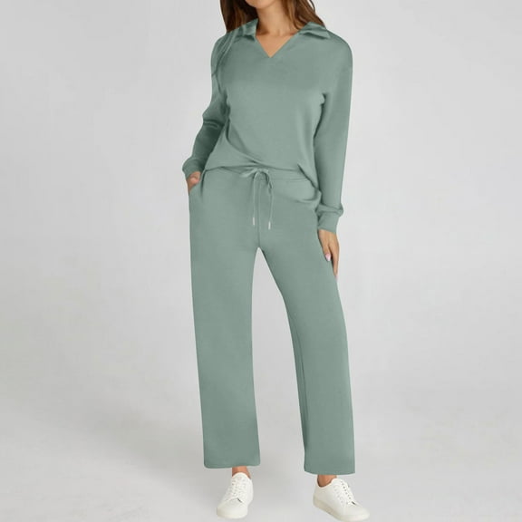 Roncen Women's V-Neck Long Sleeve Top & Flared Pants Set - Loose Fit Casual Outfit with Drawstring Elastic Waist & Flared Legs for Comfortable Daily Wear