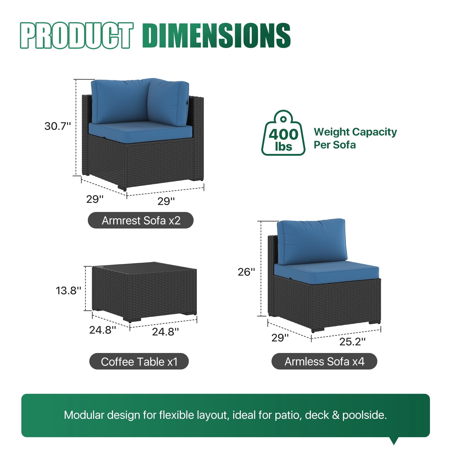 LazySunsets 7 Piece Outdoor Patio Furniture Set, Wicker Rattan Patio Sectional Sofa Set, Peacock Blue