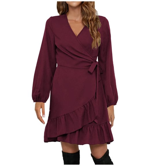 Lilgiuy Women Casual Solid Loose Straps Ruffled Hem Long Sleeve V-Neck Dress Wine Fall Dresses for 2022 Spring Winter