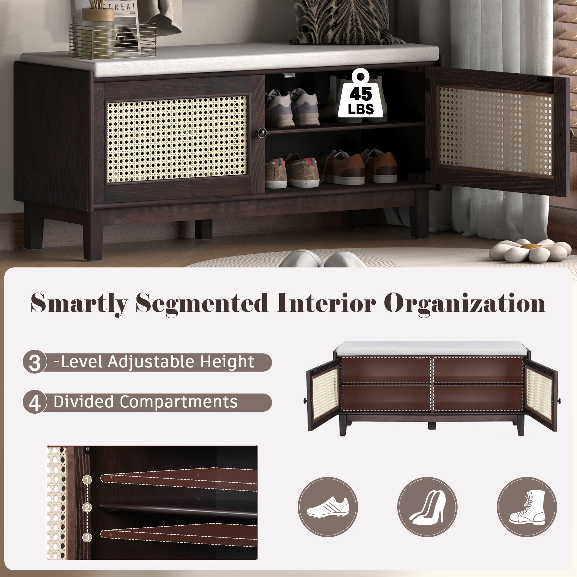 Euroco Boho Rattan Entryway Bench with Storage, Cushioned Shoe Bench with Double Doors, Wooden Shoe Organizer Bench for Entryway and Hallway (Espresso+Beige )