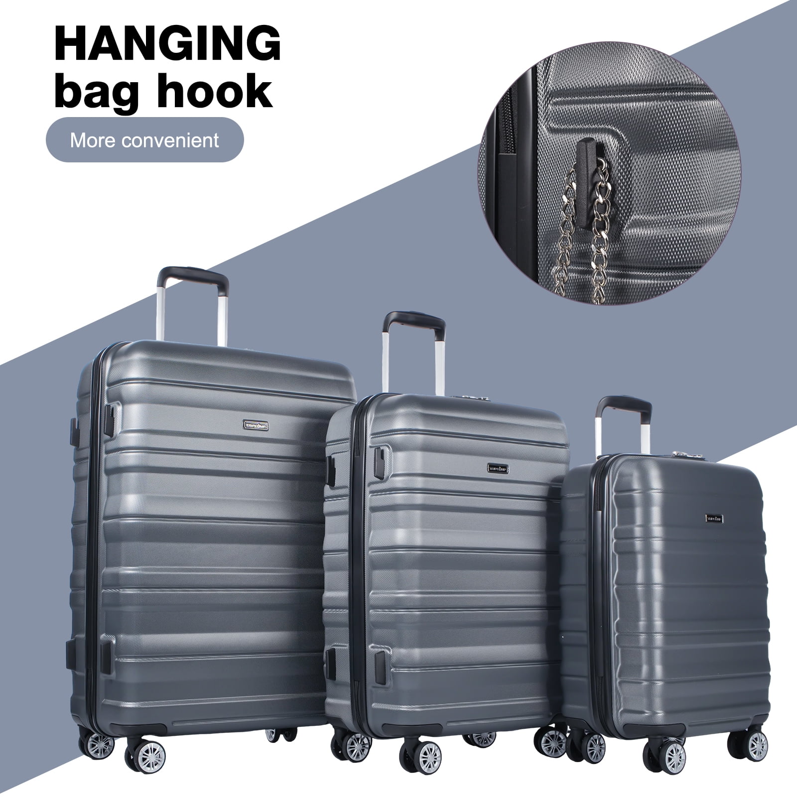 Tripcomp Hardside Luggage Set 3-Piece Set(21/25/29) Lightweight Suitcase 4-Wheeled Suitcase Set(Grey)