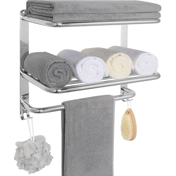 Bathroom Towel Rack with Hook, 16 inch Wall Mount Towel Shelf with Tower Bar for Bathroom Small Space, 304 Stainless Steel Polished Surface Finish, Sliver