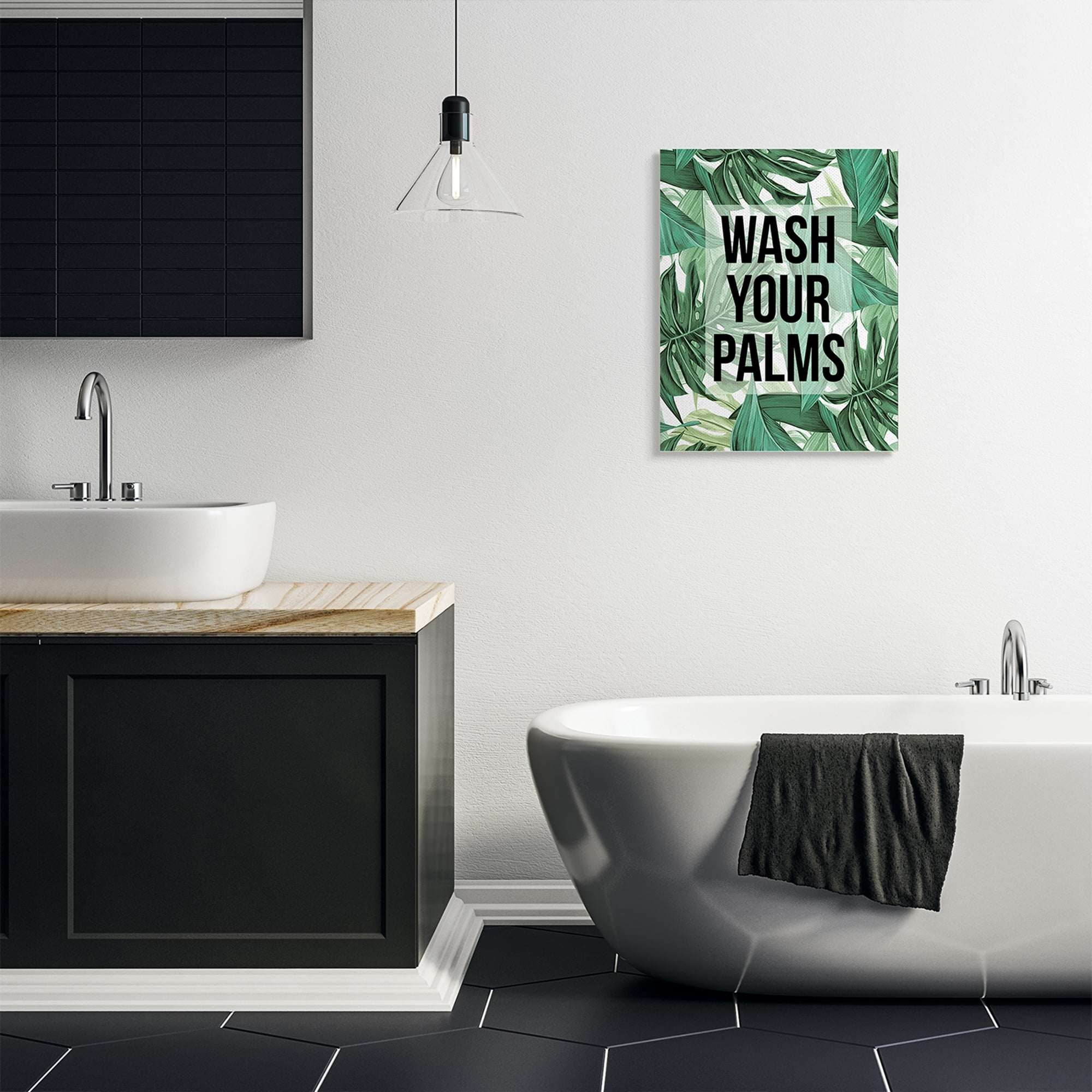 Stupell Industries Wash Your Palms Bathroom Phrase Green Plant Leaves Inspirational Painting Gallery Wrapped Canvas Art Print Wall Art, 24 x 30