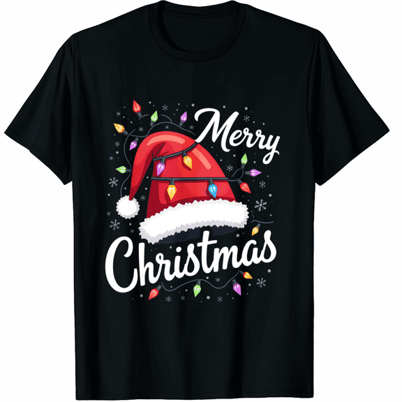Merry Christmas Lights Red Santa Hat Xmas Family Men Women T-Shirt