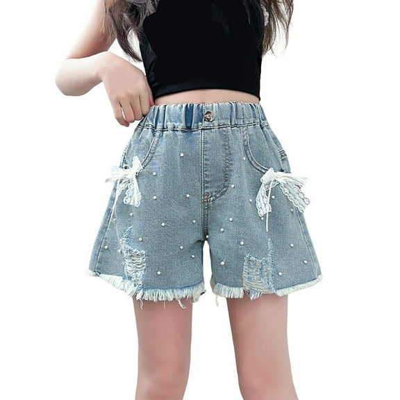 Annhoo Girls Summer Denim Shorts Elastic Waisted Button Bow Pearl Casual Trendy Shorts with Pockets 4-14 Years