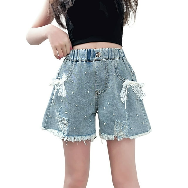 Miqool Girl's Pearls Lace Ripped Raw Hem Jean Shorts Elastic High Waist Wide Leg Summer Denim Shorts with Pockets, 4-14Y