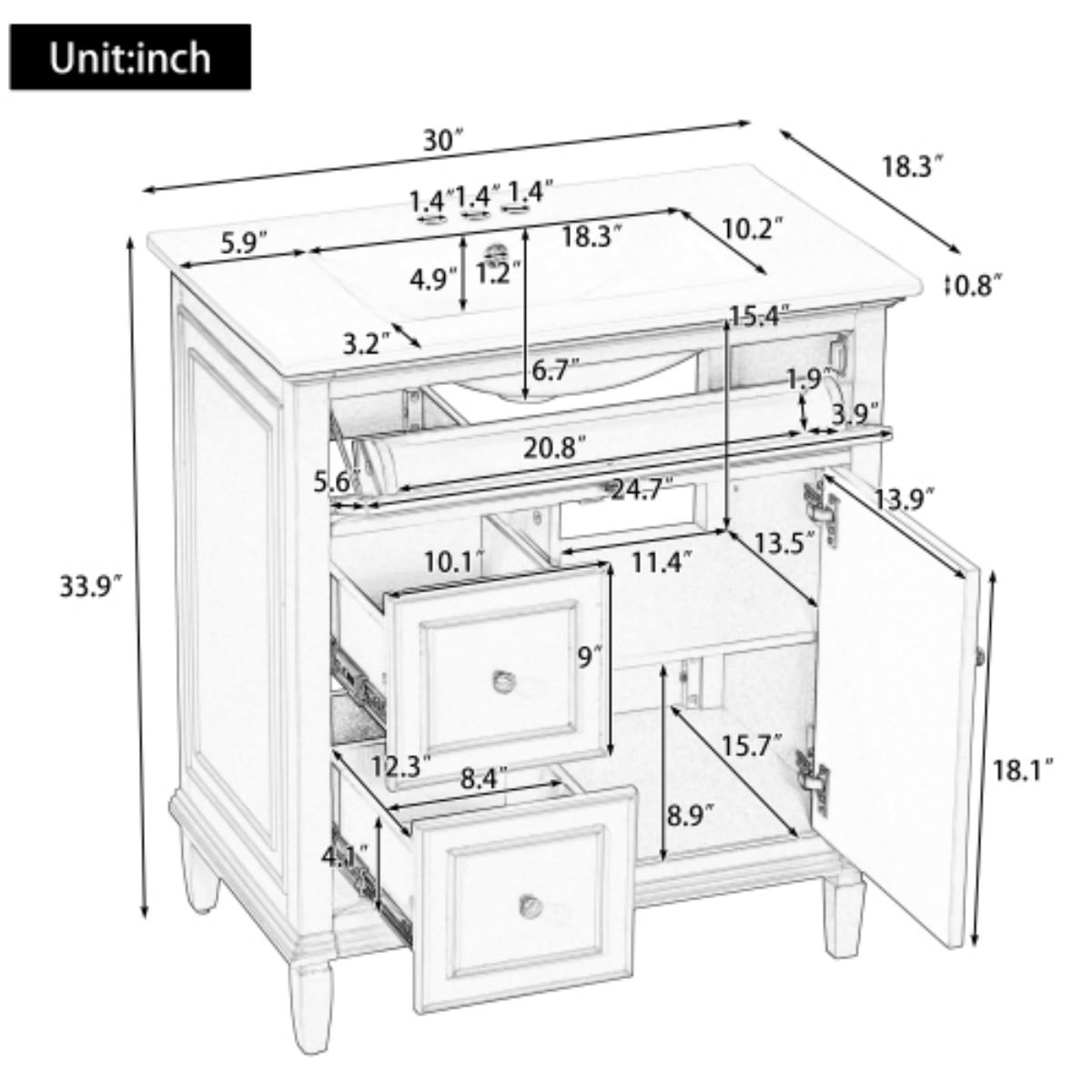 30" Bathroom Vanity with Sink, Modern Bathroom Cabinet with Ceramic Vanity Sink, Solid Wood & MDF Storage Cabinet with Flip Drawer, Adjustable Shelf, Blue Gray