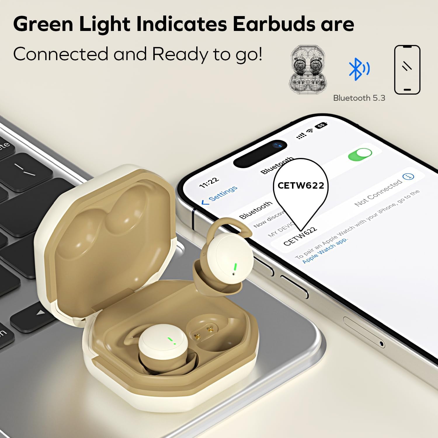 COBY Sleep Wireless Earbuds, Bluetooth 5.3 Noise Cancelling Earbuds with Charging Case, Beige