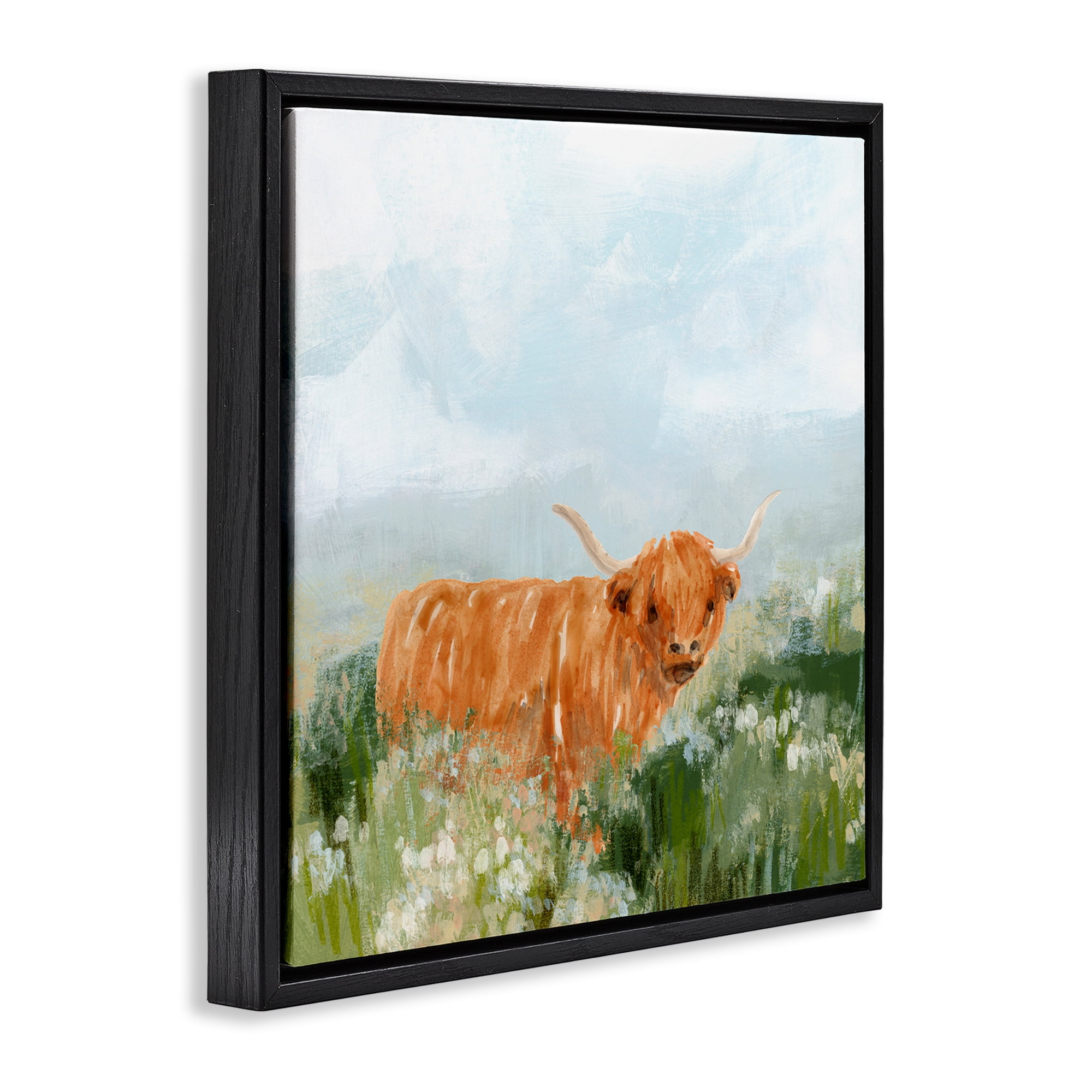 Stupell Industries Longhorn Cattle Country Field Animals & Insects Painting Black Floater Framed Canvas Art Print Wall Art, 18 x 18