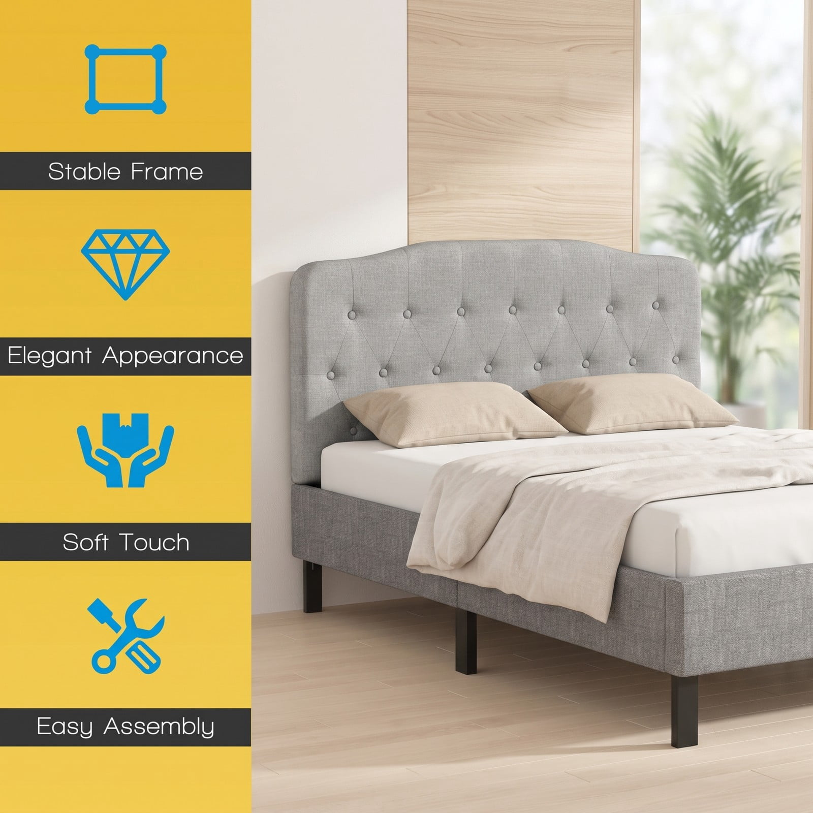 Furnibear Queen Upholstered Headboard with Diamond Button Tufting and 2 Adjustable Heights for Bedroom Wall Mount and Frame Mount, Light Gray