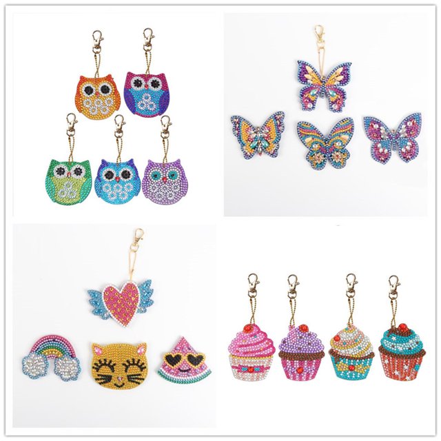 Llavero con pintura de diamantes, diamante redondo, forma navideña, diamante de cristal, búho, mariposa bordada con diamantes