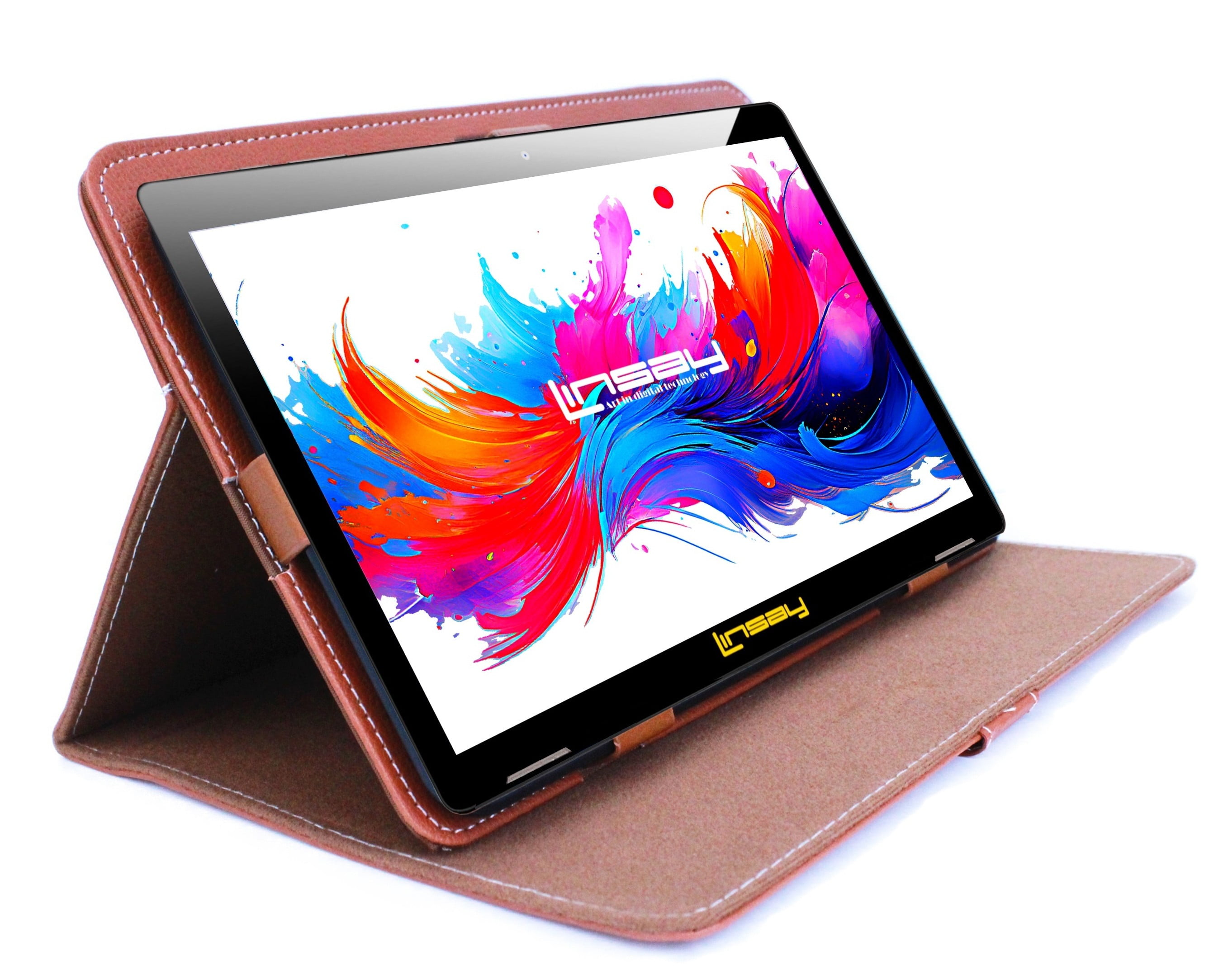 LINSAY 10.1" Octa Core 256GB Storage Android 15 Tablet with Brown Leather Case