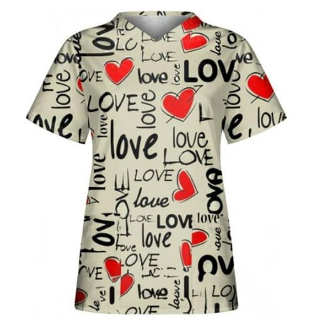 

Valentine s Day Scrubs Tops Women Nurse Working Uniforms Love Heart Print V Neck Short Sleeve Medical Scrub Shirts