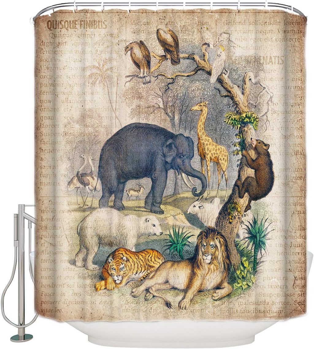 JOOCAR Wild Animal World Retro Newspaper Zoo Shower Curtain 72x72 Inch