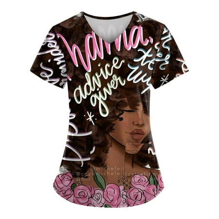 

TKing Fashion Women Plus Size Scrubs Top V-Neck Short Sleeve Animal Print Pockets Work Blouse for Women Black 3XL