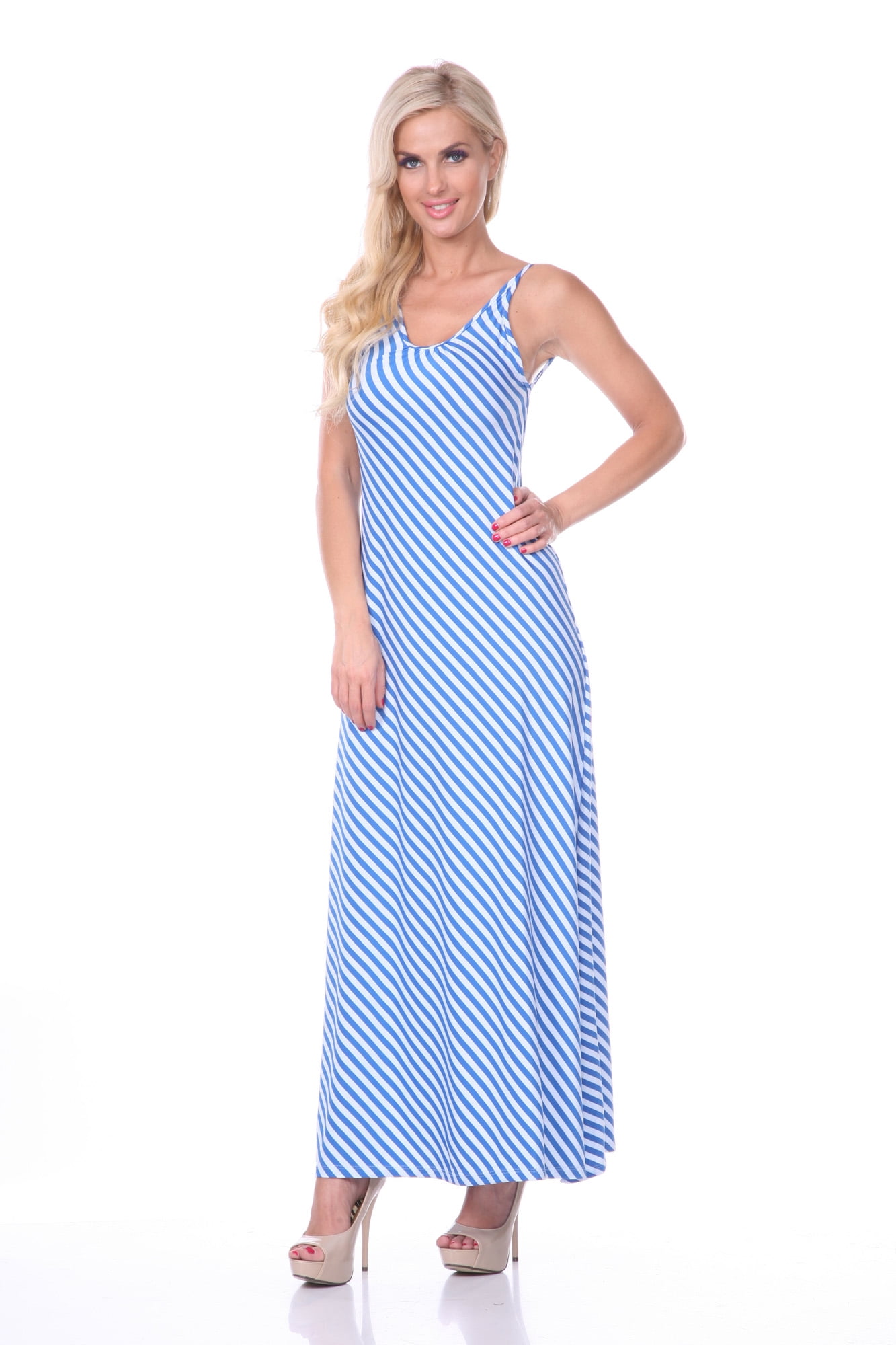 White Mark Women's Backless Striped Scoop Neck Maxi Dress