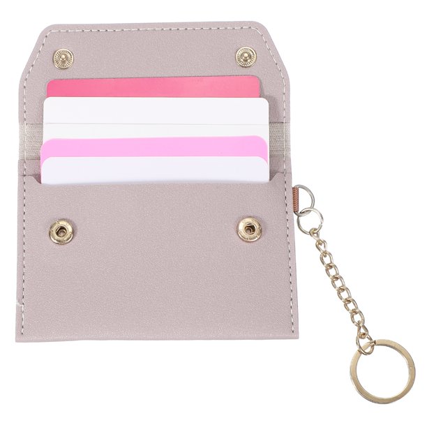 Tarjetero de cuero, billetera delgada para mujeres y hombres con llavero desmontable, organizador de tarjetas de doble botón multifuncional para ID y tarjetas (Púrpura claro)
