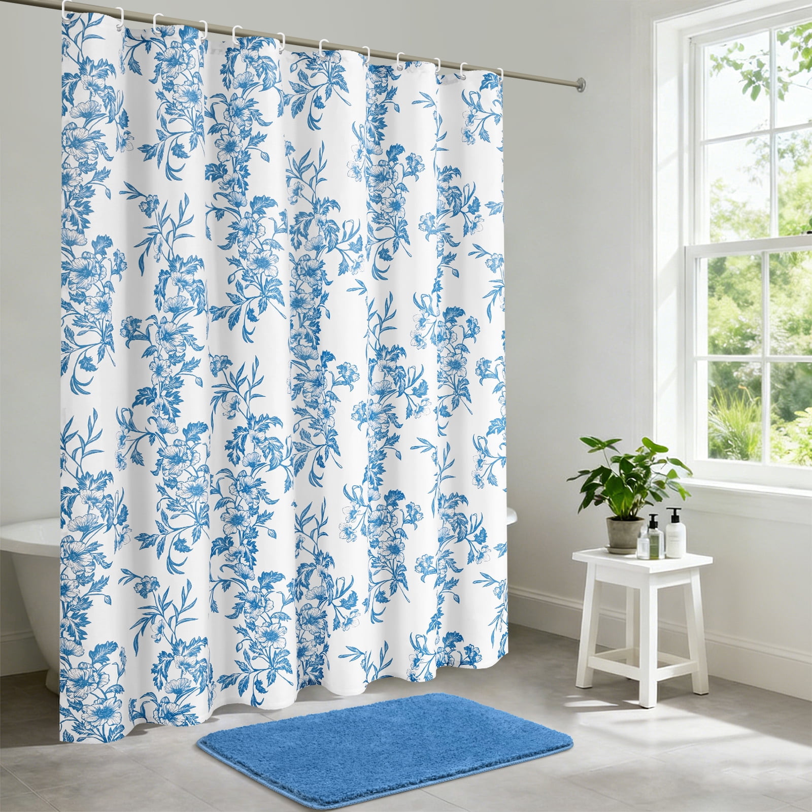 FRAMICS Blue Floral Shower Curtain Sets with Rug and Hooks, 14-Piece Heavy Duty Fabric Cottagecore Bathroom Sets, Waterproof and Mildew-Resistant