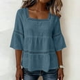 thumbnail image 2 of Craaazy Shirts for Women 3/4 Sleeve Relaxed Fit Solid Color Square Neck Cotton Linen Tees for Casual Outings, Summer Vacation, 2 of 6