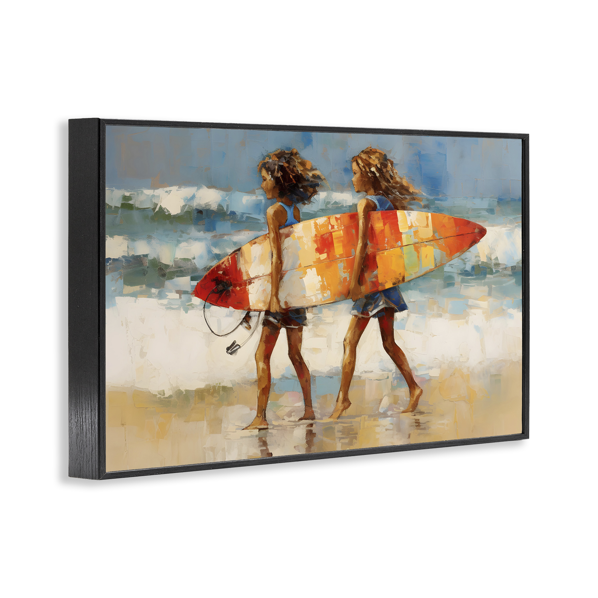 Stupell Industries Surfboard Kids Friends Sports Painting Black Framed Art Print Wall Art, 30 x 20