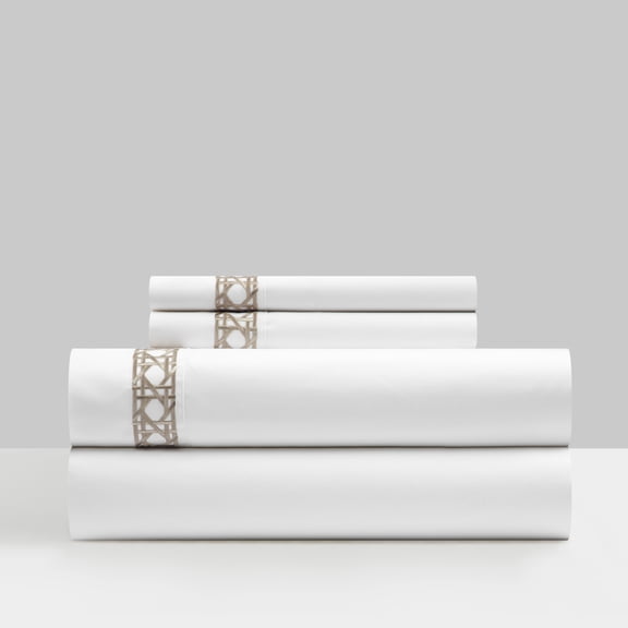 Chic Home Aria 4 Piece Cotton Blend Sheet Set 1500 Thread Count Solid White With Dual Stripe Embroidery Lattice Stitching Details – Includes 1 Flat, 1 Fitted Sheet, and 2 Pillowcases, King, Taupe
