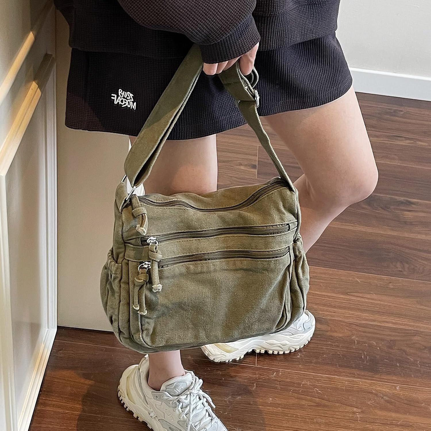 Canvas Crossbody Bags for Women Men Tote Shoulder Purses with Zipper Pockets Women's Messenger Handbags Purse