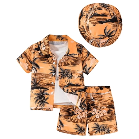 Leey-World Toddler Baby Boy Summer Clothes Button Down Shirt Tops and Shorts Set with Hat 3 Piece Outfits(Orange 8-9 Years)