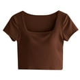 thumbnail image 2 of VgaVtl Padded Womens T Shirt Cropped Short Sleeve Square Neckline Shirts for Women Slim Casual Solid Color Sports Tops,Brown L, 2 of 7