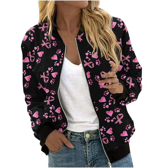Kalauyu Women's Zip Up Bomber Jacket Breast Cancer Casual Printed Coat Stand Collar Lightweight Short Outwear Tops