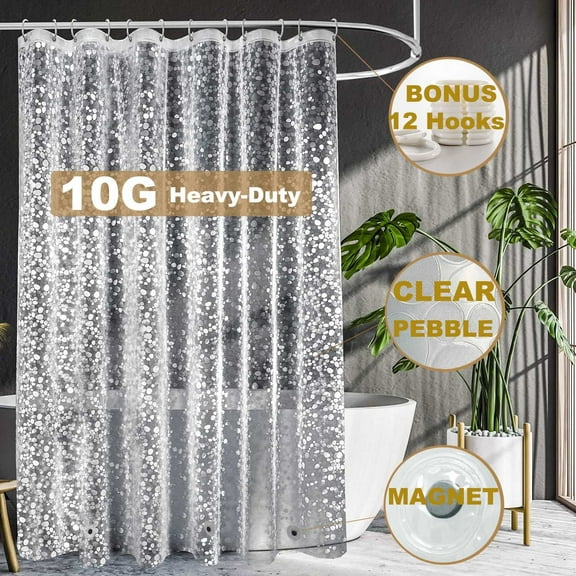 Pebble Shower Curtain Liner, 72"x72" 10G Premium EVA Heavy-Duty Thick Waterproof Bathroom Shower Liner W/12 Rustfree Grommets & 3 Magnets, Mold & Mildew-Resistant, Clear, Bonus 12 Hooks