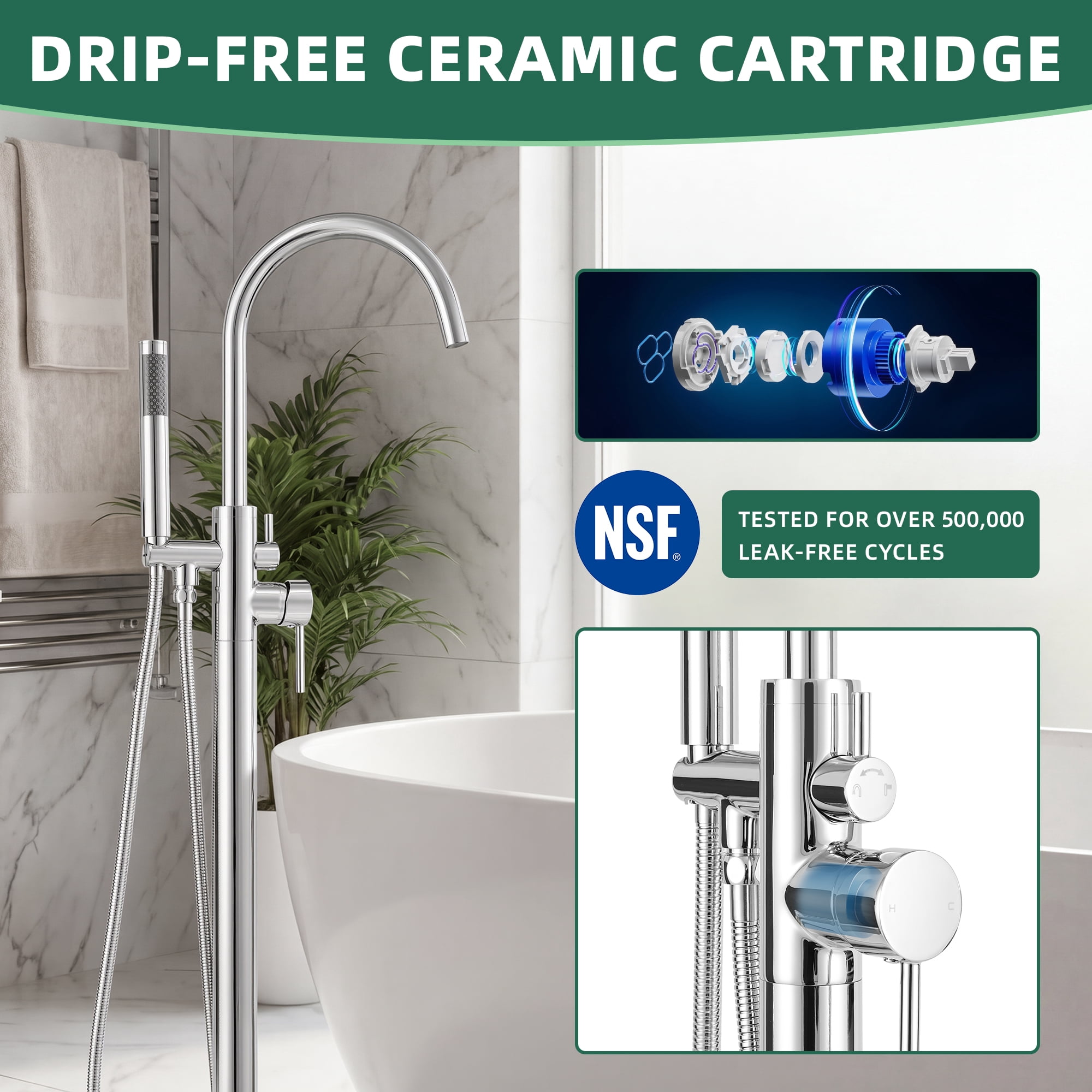 Free Standing Tub Faucet, High Flow Freestanding Bathtub Faucet with Handheld Shower & Gooseneck Spout, 360°Swivel Tub Filler, Brass Body, Chrome