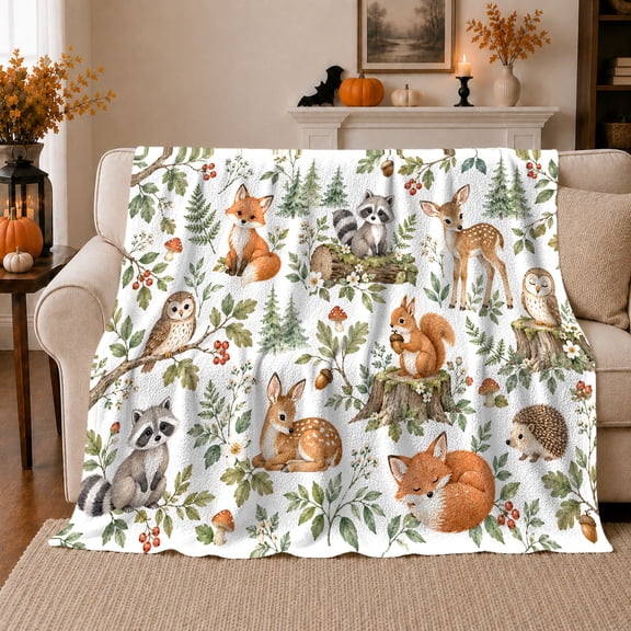Woodland Animals Fox Raccoon Owl Whimsical Forest Scene, Peaceful Bird Art Scene, Warm Flannel Blanket for Cabin and Lodge, Bird Lovers Housewarming Gift, Artistic Home Decor
