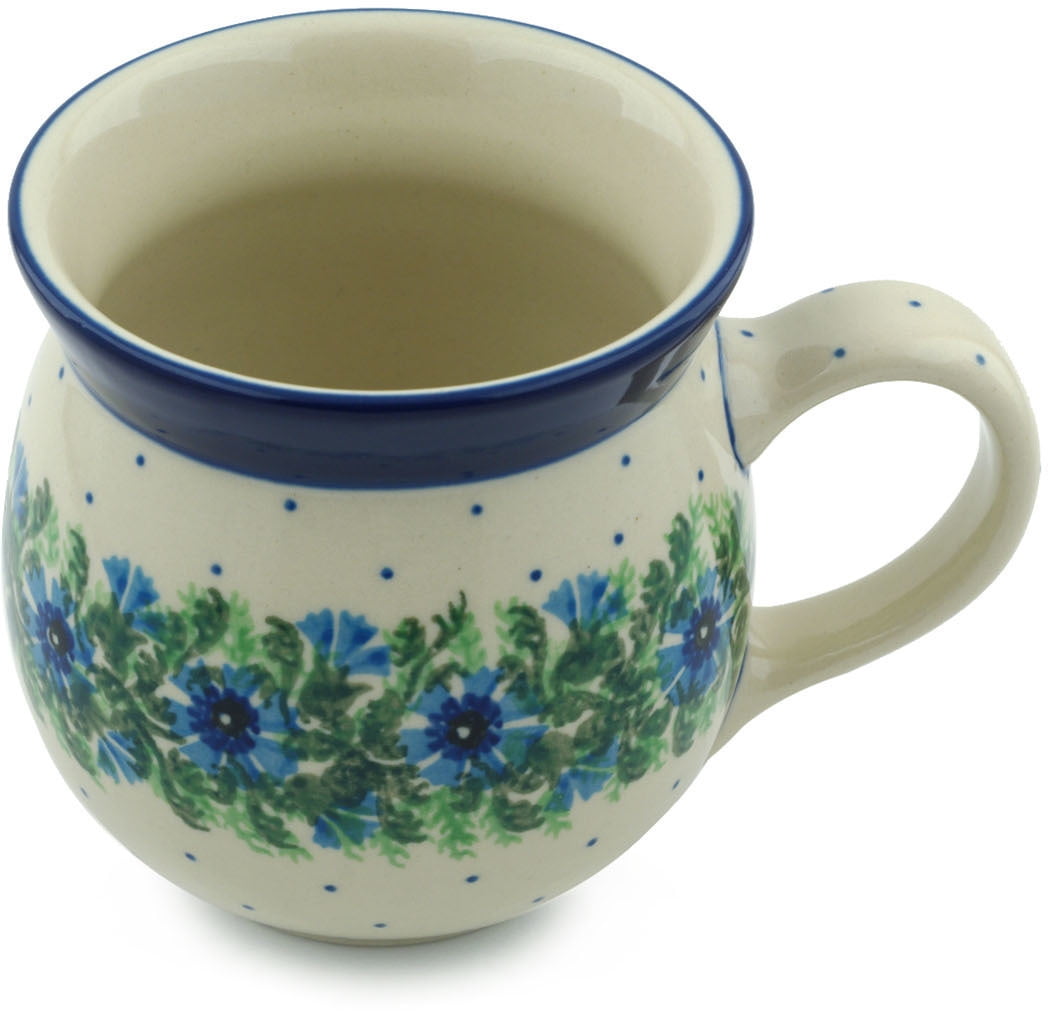 Polish Pottery Bubble Mug 16 oz Polmedia Blue Bell Wreath Theme Hand