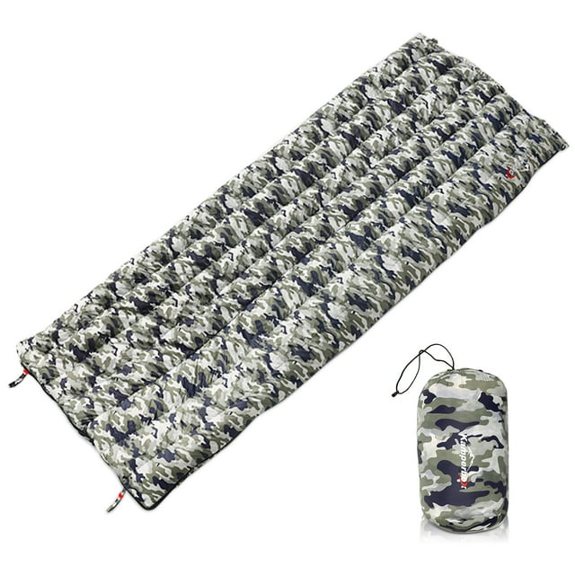 Kamperbox Ultralight Camo Duck Down Sleeping Bag, 800+FP, 255g Fill, Compact 27x14cm, 635g Weight, Ideal for Warm Seasons