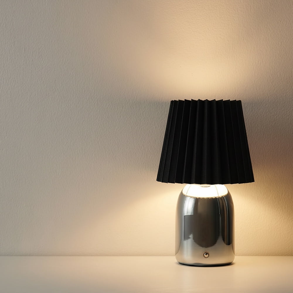 Mainstays 11 in Chrome Rechargeable LED Portable Table Lamp with Touch Sensor and Black Linen Shade