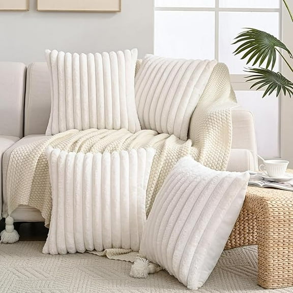 1997 Set of 4 Faux Fur Plush Decorative Throw Pillow Covers 18x18 Inch, Luxury Striped Cushion Cases Soft Fluffy Accent Pillowcases for Sofa, Couch and Bed, Cream White