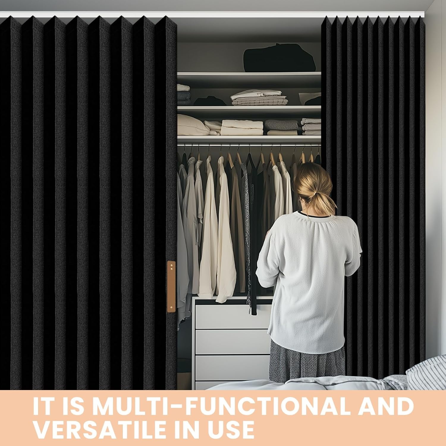 Accordion-Style Room Divider with Ceiling Track - Foldable Partition Curtain, Easy Installation(Black 100" W x 108" L-Pack of 1)