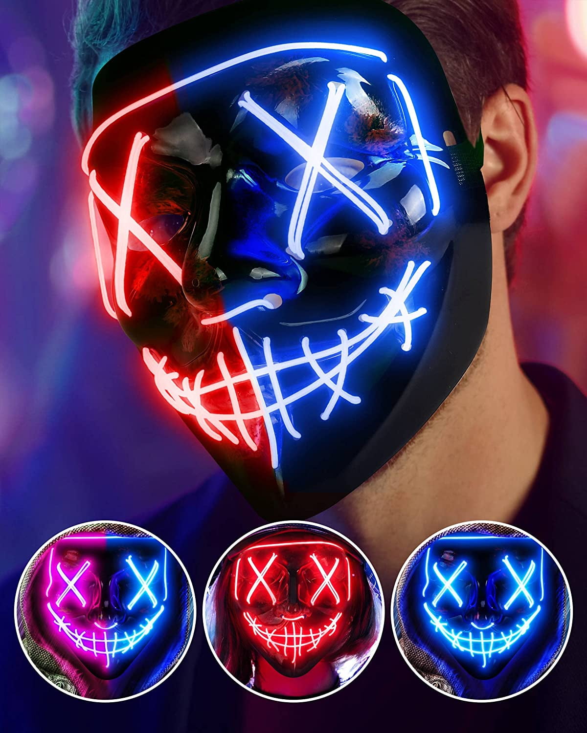 Light up Mask LED Mask, Scary Halloween Mask, Glow Neon Mask Costume